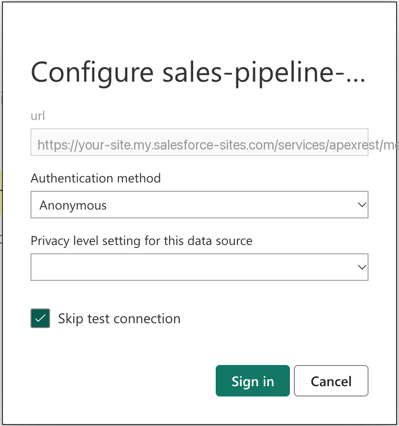 Configure data source dialog with Anonymous and Skip test connection