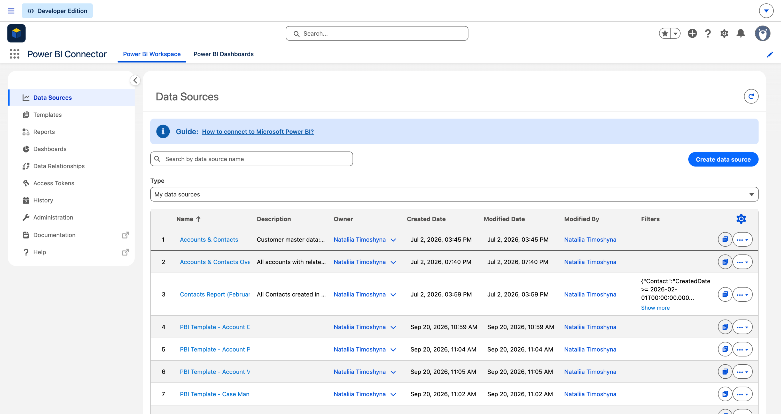 Data Sources list