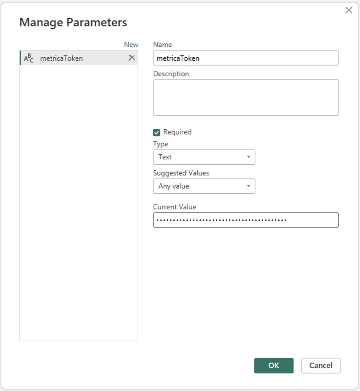 Manage Parameters dialog with the metricaToken parameter