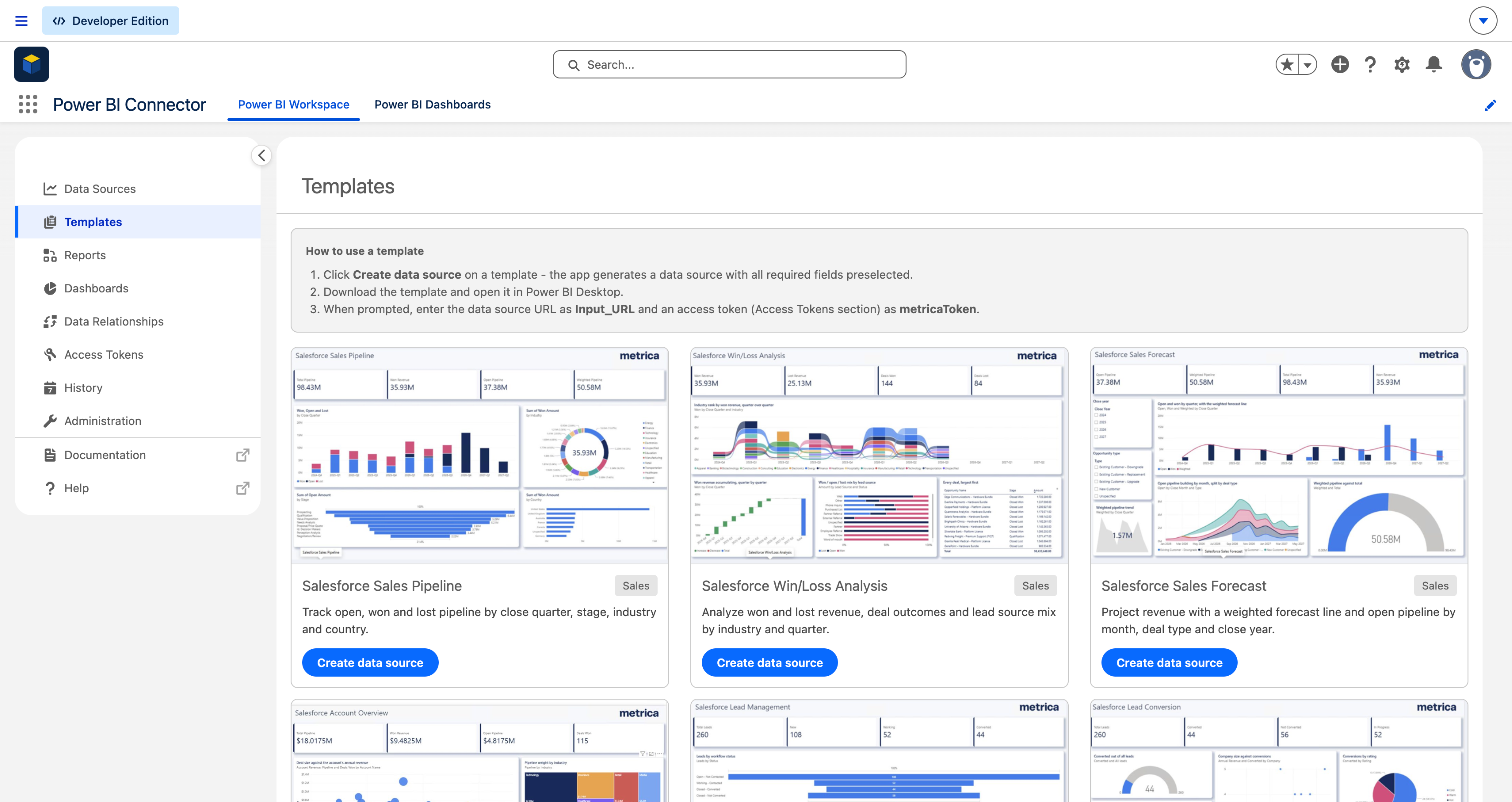 Templates page in Power BI Connector