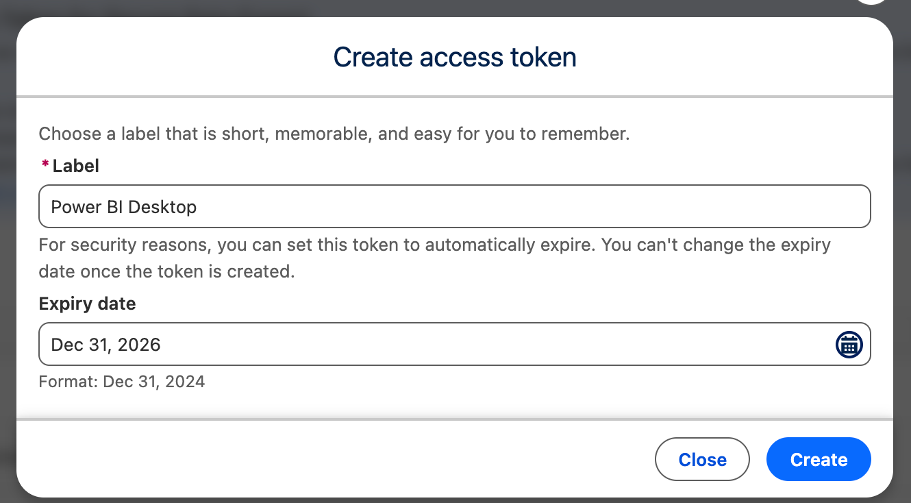 Create access token dialog