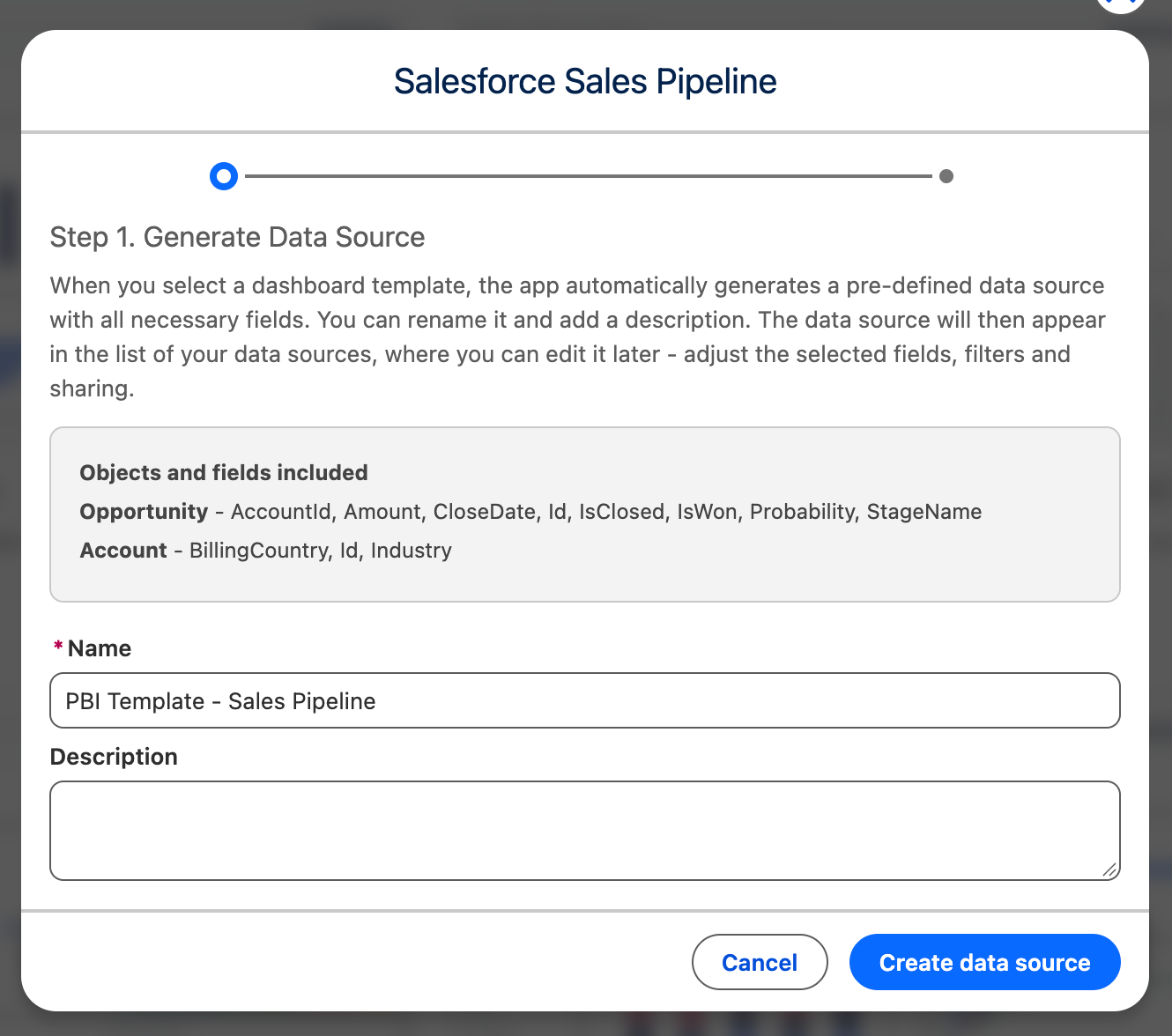 Step 1 of the template dialog: Generate Data Source